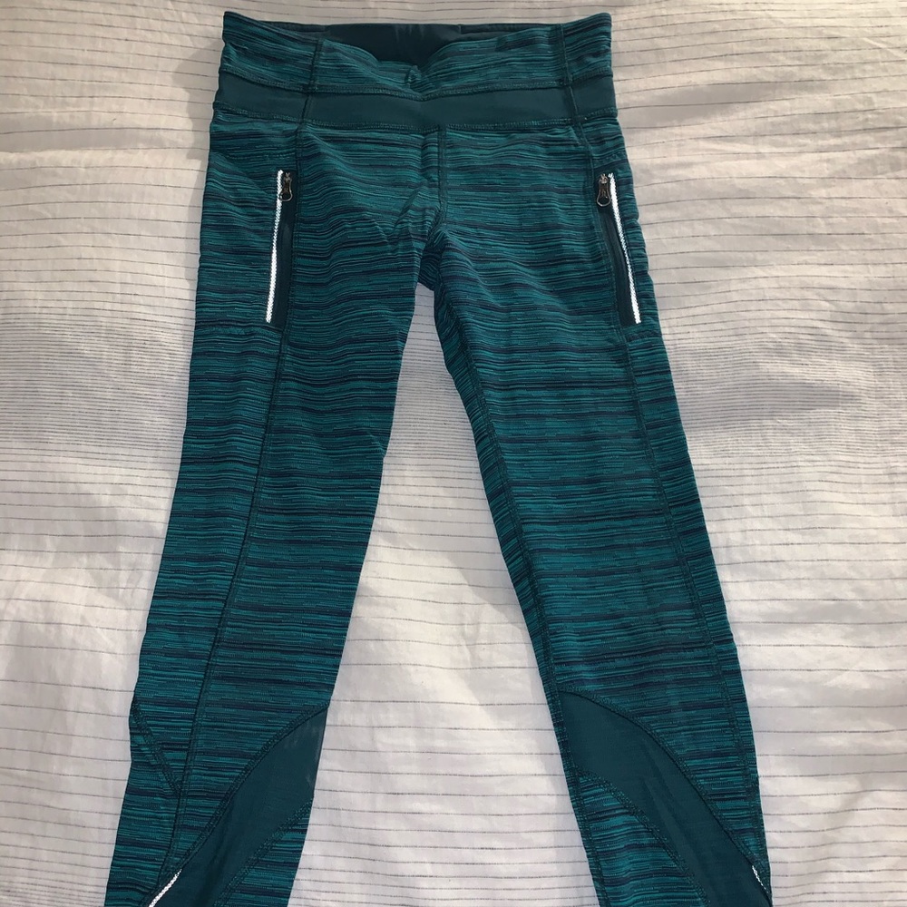 Lululemon Green Striped Leggings with Mesh Detail